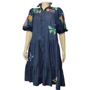 Vtg Tropical Butterfly Smock Dress Blue Denim Applique Small Puffed Sleeves